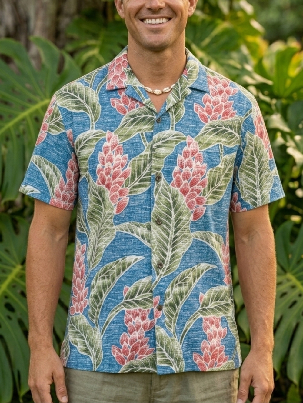 Royal Hawaiian Creations Blue Red Ginger Floral Aloha Shirt XL